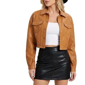 Women Faux Leather Cropped Jacket Trendy Moto Biker Short Jacket PU Jacket Brown
